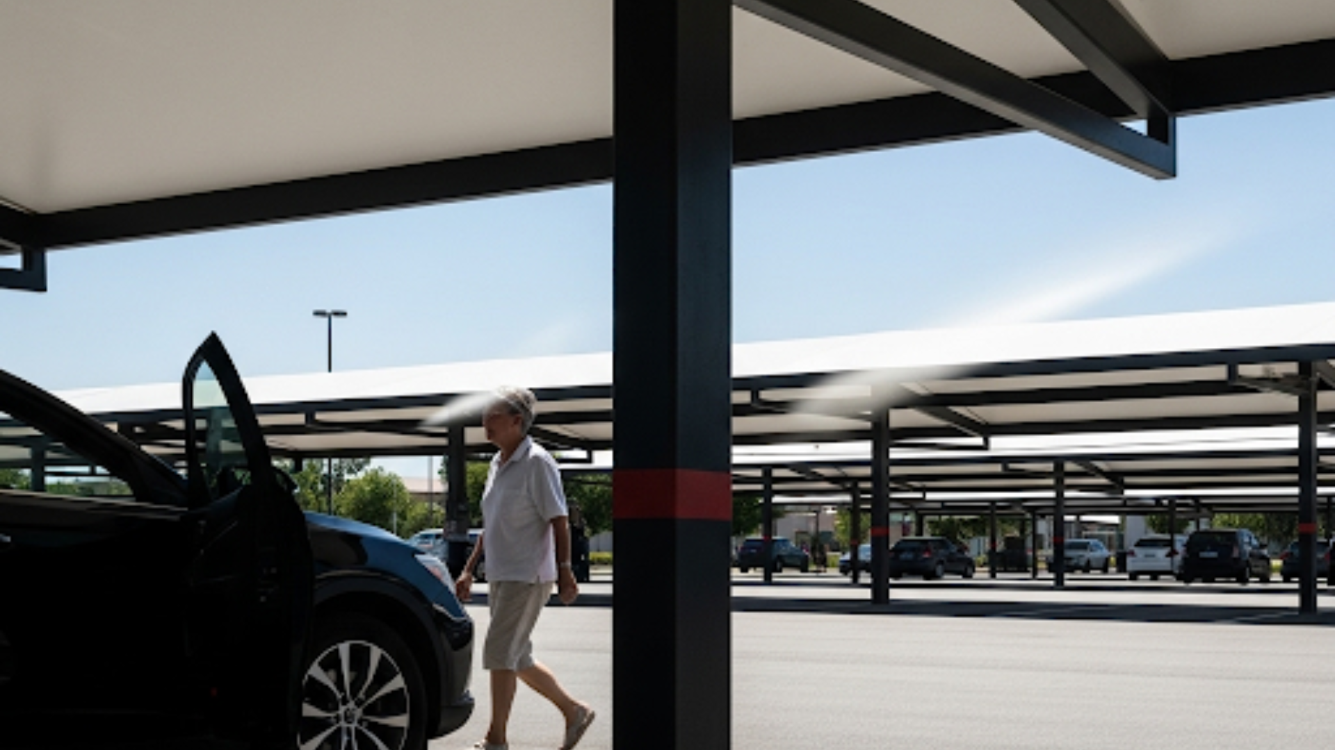 Pessoa protegida do sol pela cobertura do estacionamento