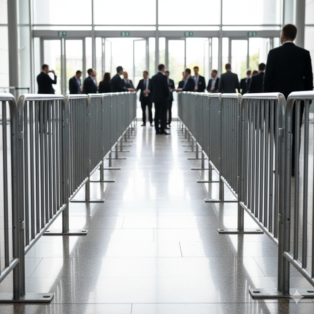 Gradil de contenção da Gofer Metais organizando o fluxo de pessoas na entrada de um festival de música.