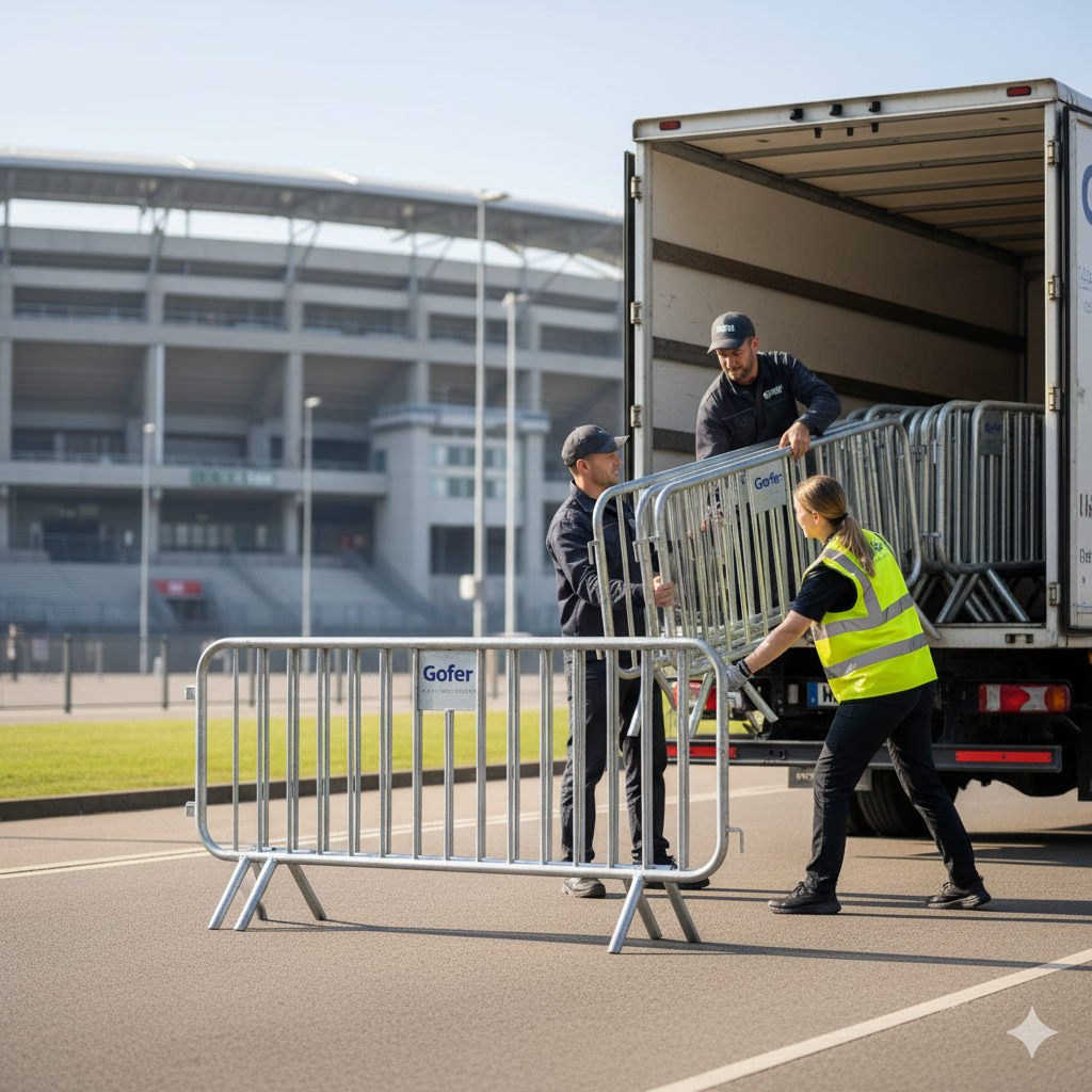 Painéis de gradil direcionando o fluxo de pessoas com segurança em evento corporativo.