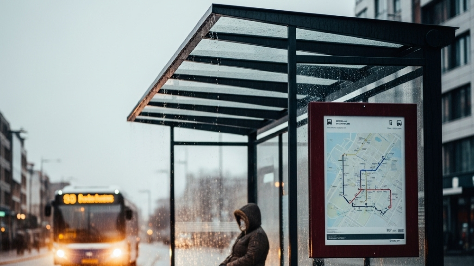 Ponto de ônibus de aço protegendo cidadão da chuva