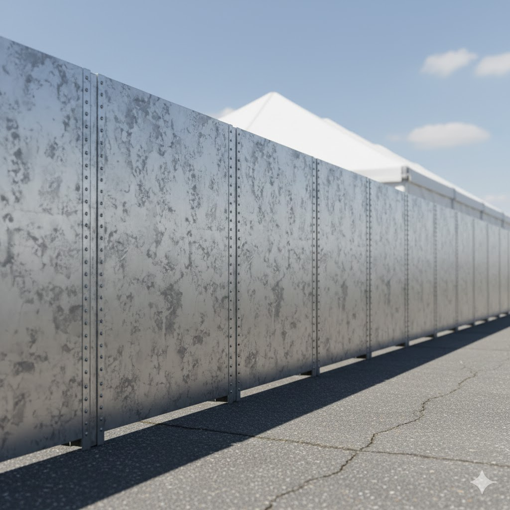 Tapumes metálicos garantindo isolamento total e privacidade em área de evento.